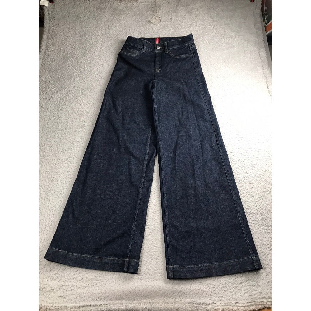 Spanx EveryWear Pull On Wide‎ Leg Jeans Womens M (29x33) Raw Indigo High Rise